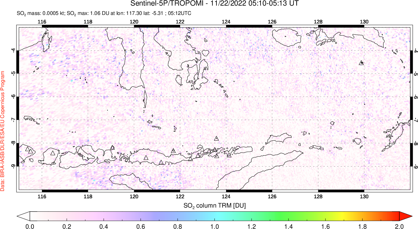 A sulfur dioxide image over Lesser Sunda Islands, Indonesia on Nov 22, 2022.