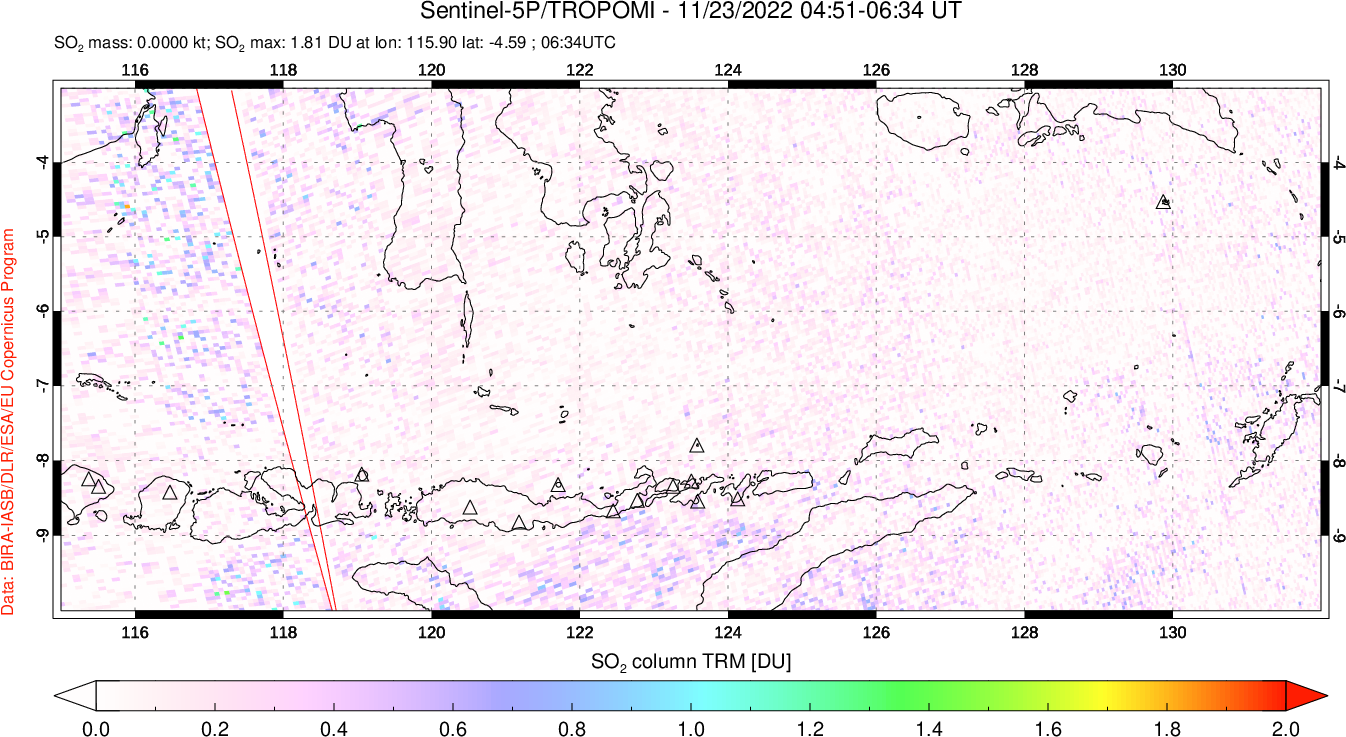 A sulfur dioxide image over Lesser Sunda Islands, Indonesia on Nov 23, 2022.