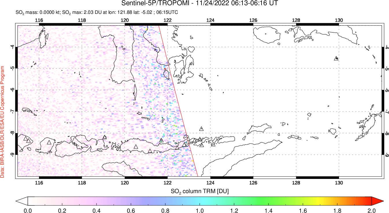 A sulfur dioxide image over Lesser Sunda Islands, Indonesia on Nov 24, 2022.