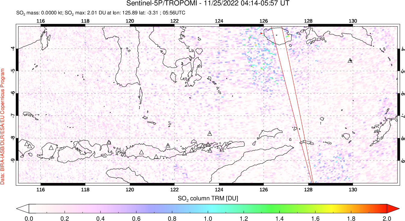 A sulfur dioxide image over Lesser Sunda Islands, Indonesia on Nov 25, 2022.