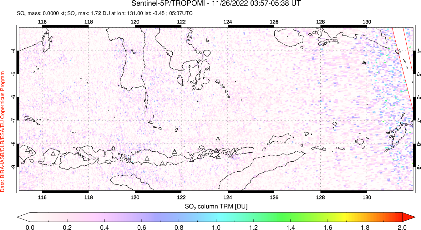 A sulfur dioxide image over Lesser Sunda Islands, Indonesia on Nov 26, 2022.