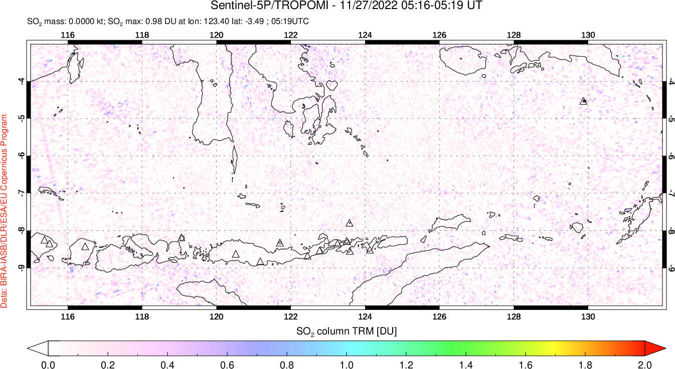 A sulfur dioxide image over Lesser Sunda Islands, Indonesia on Nov 27, 2022.