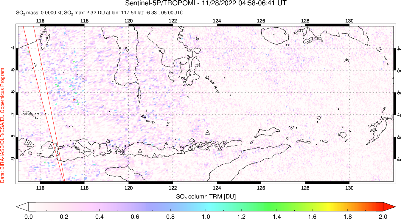 A sulfur dioxide image over Lesser Sunda Islands, Indonesia on Nov 28, 2022.