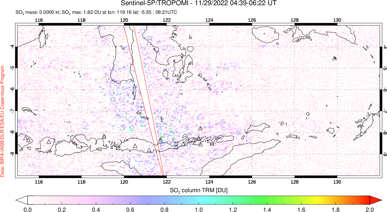 A sulfur dioxide image over Lesser Sunda Islands, Indonesia on Nov 29, 2022.