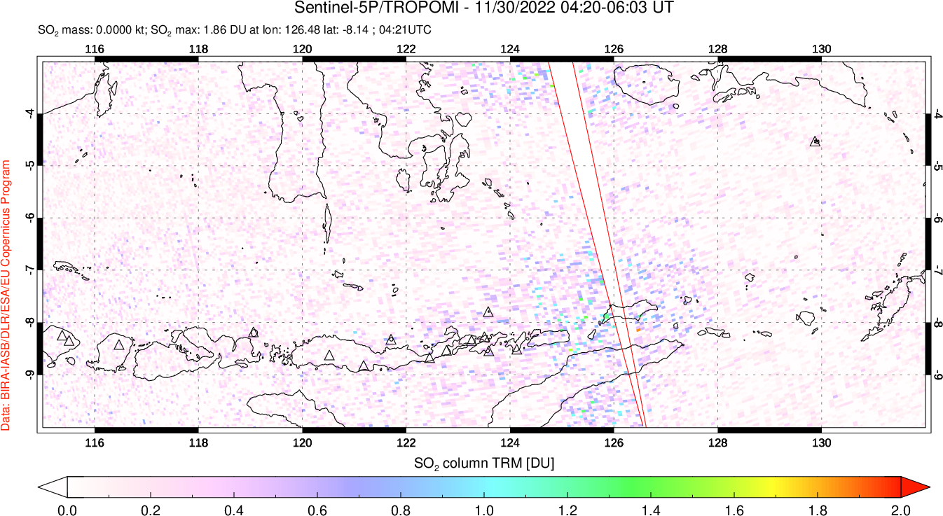 A sulfur dioxide image over Lesser Sunda Islands, Indonesia on Nov 30, 2022.
