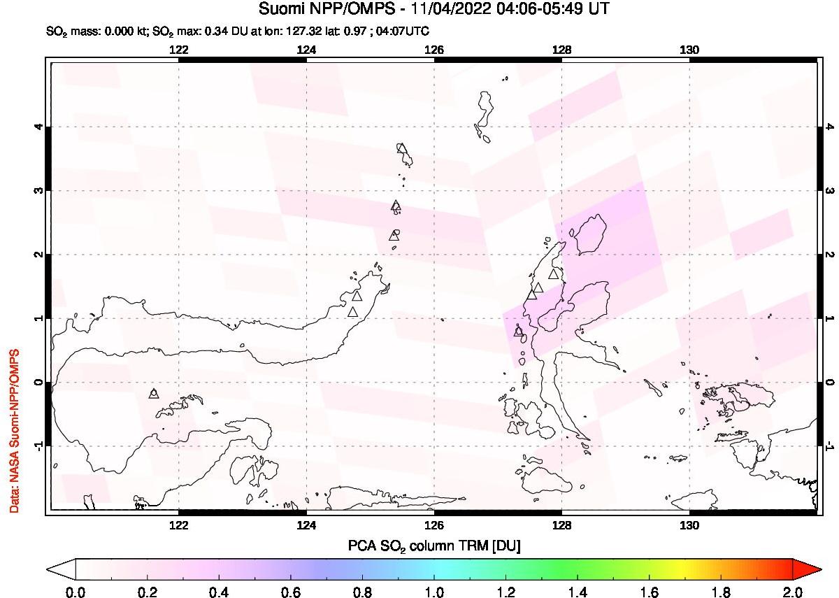 A sulfur dioxide image over Northern Sulawesi & Halmahera, Indonesia on Nov 04, 2022.