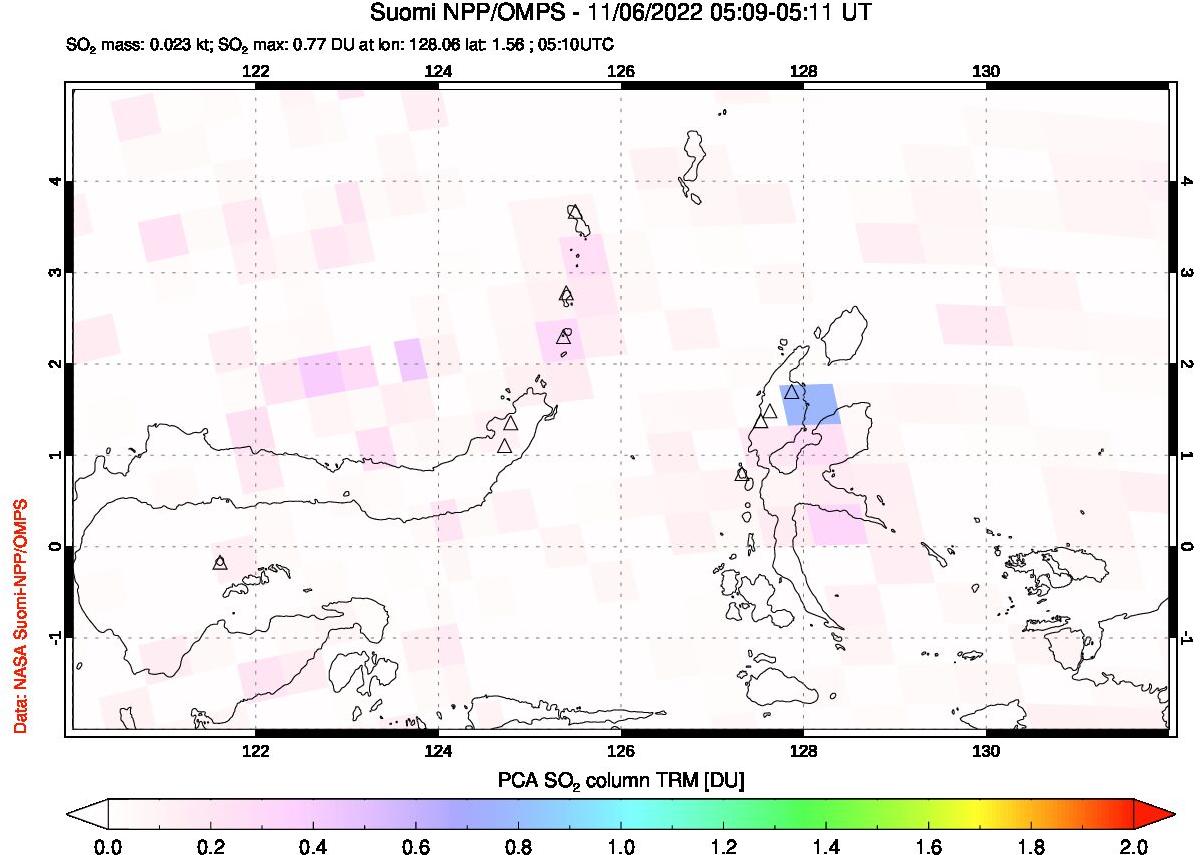 A sulfur dioxide image over Northern Sulawesi & Halmahera, Indonesia on Nov 06, 2022.