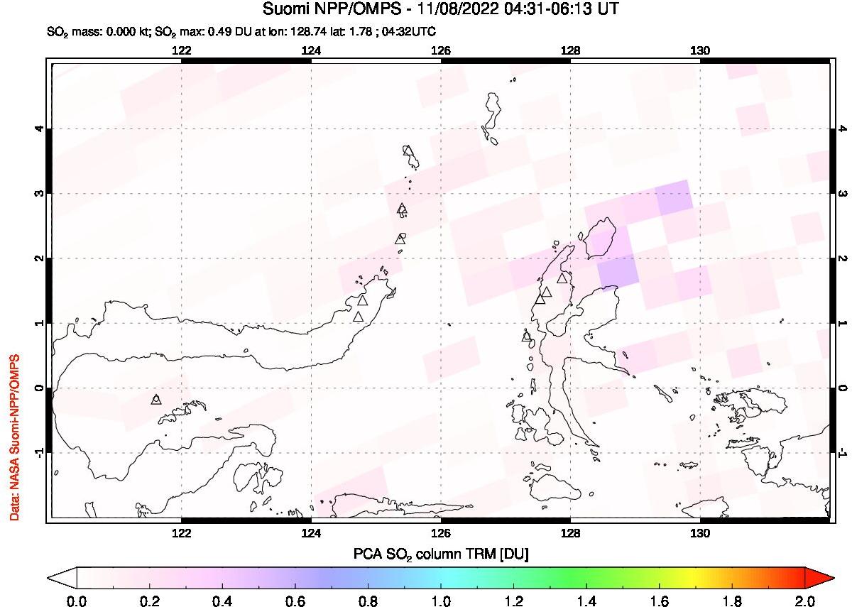 A sulfur dioxide image over Northern Sulawesi & Halmahera, Indonesia on Nov 08, 2022.