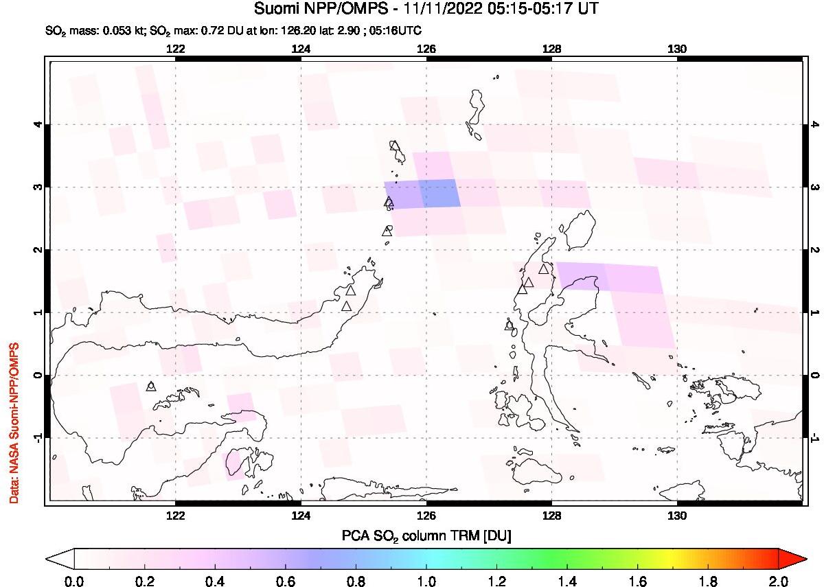 A sulfur dioxide image over Northern Sulawesi & Halmahera, Indonesia on Nov 11, 2022.