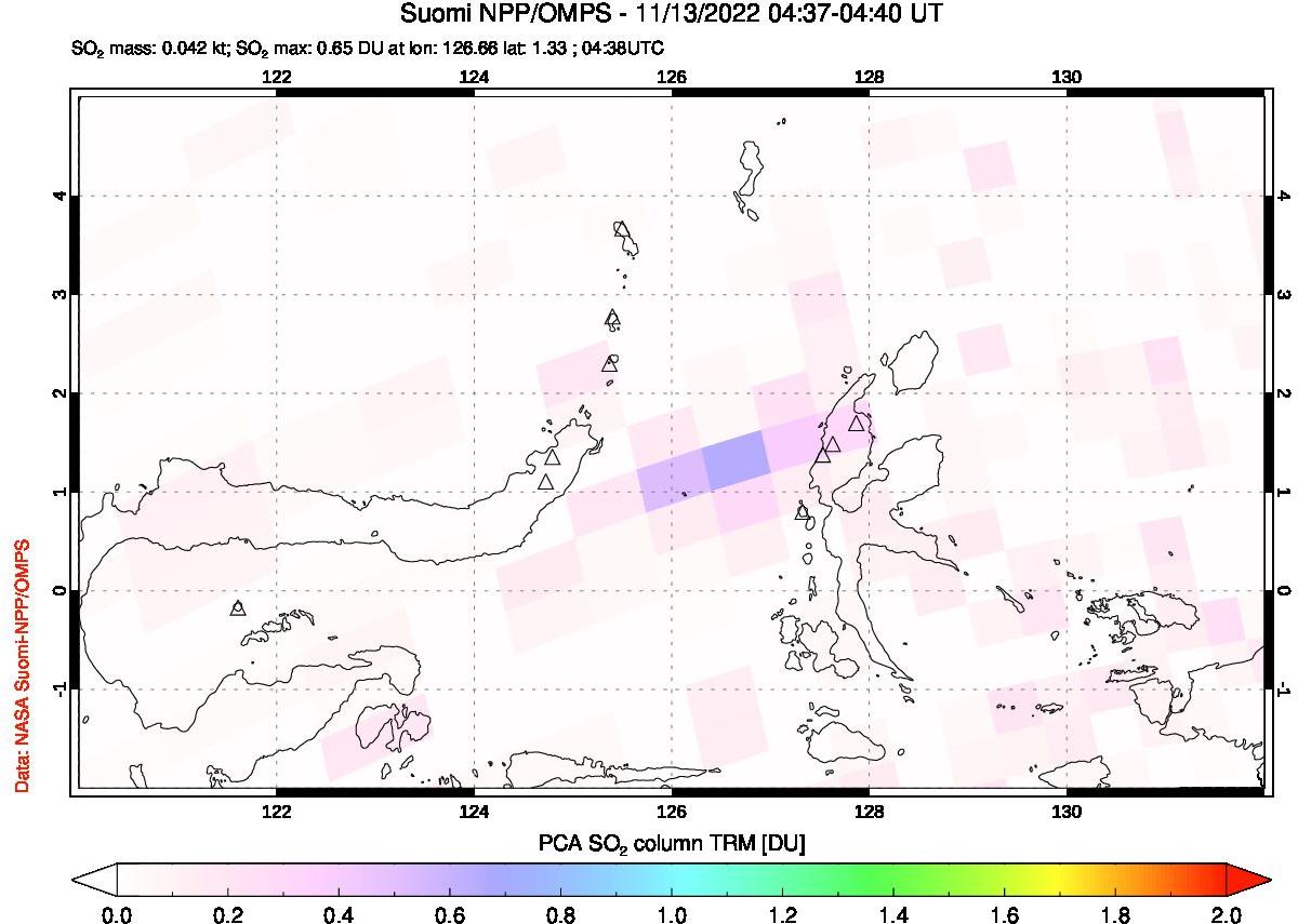 A sulfur dioxide image over Northern Sulawesi & Halmahera, Indonesia on Nov 13, 2022.