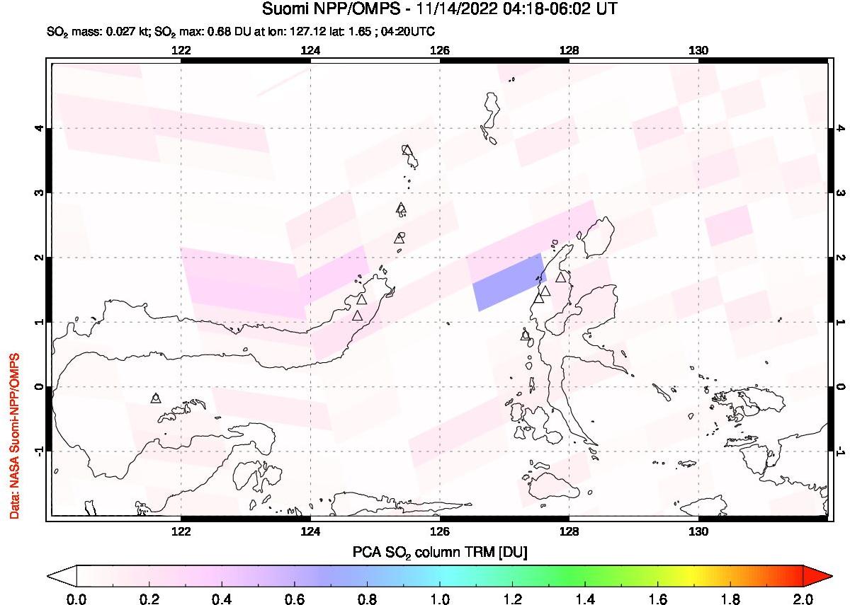 A sulfur dioxide image over Northern Sulawesi & Halmahera, Indonesia on Nov 14, 2022.