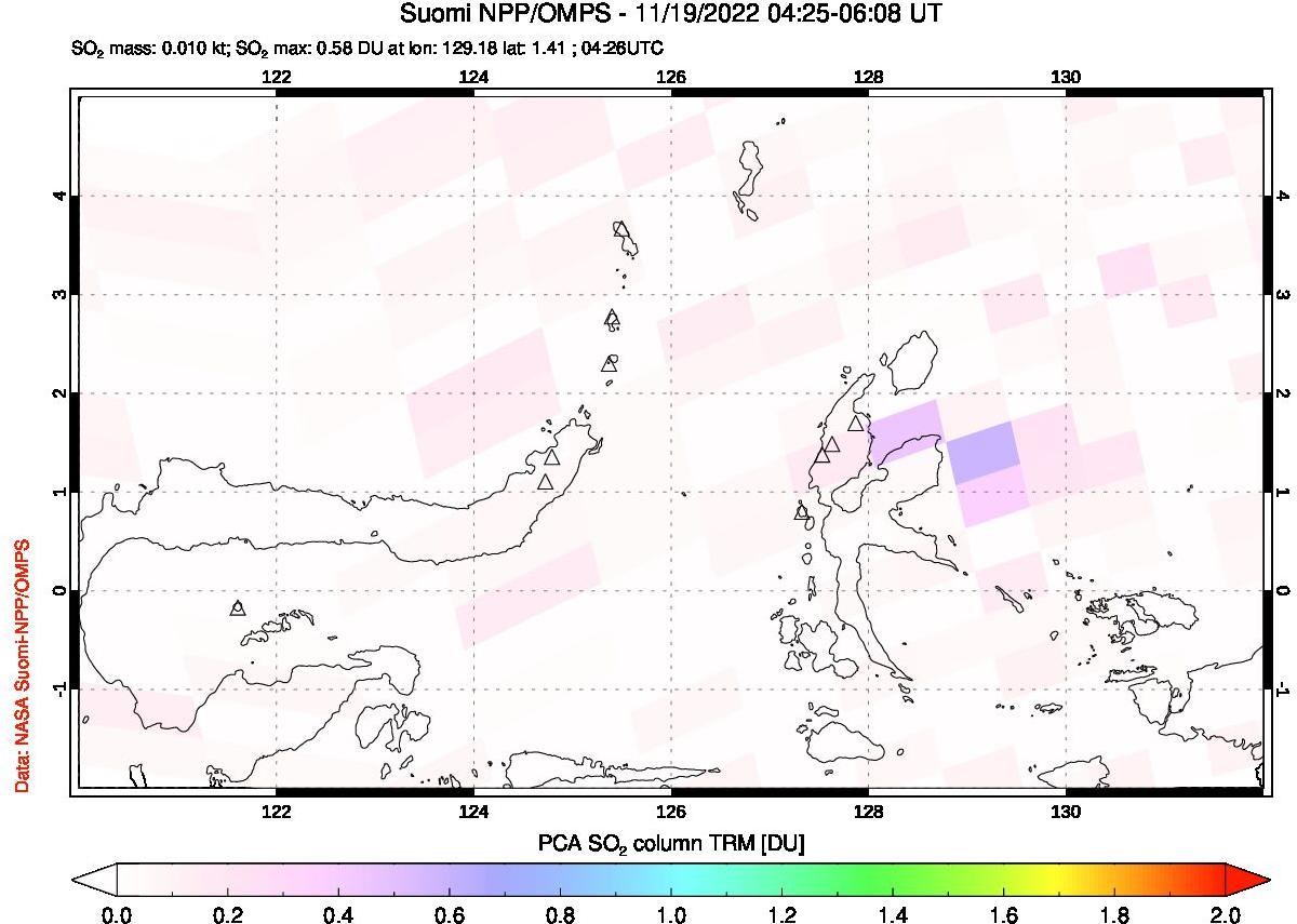 A sulfur dioxide image over Northern Sulawesi & Halmahera, Indonesia on Nov 19, 2022.