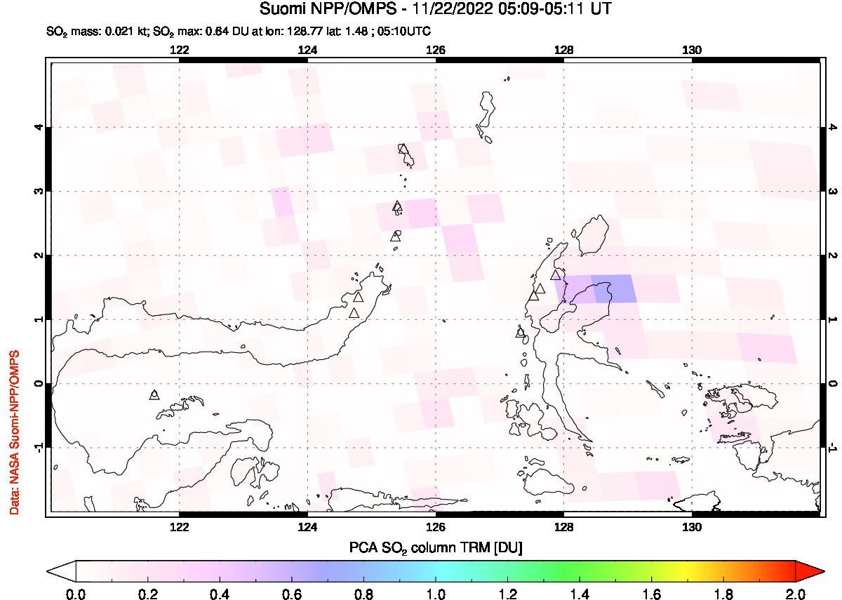 A sulfur dioxide image over Northern Sulawesi & Halmahera, Indonesia on Nov 22, 2022.