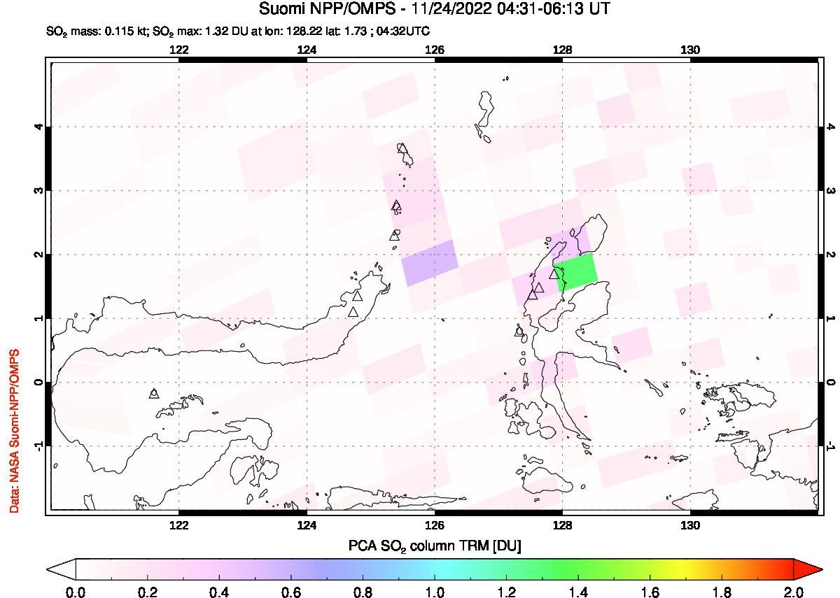 A sulfur dioxide image over Northern Sulawesi & Halmahera, Indonesia on Nov 24, 2022.
