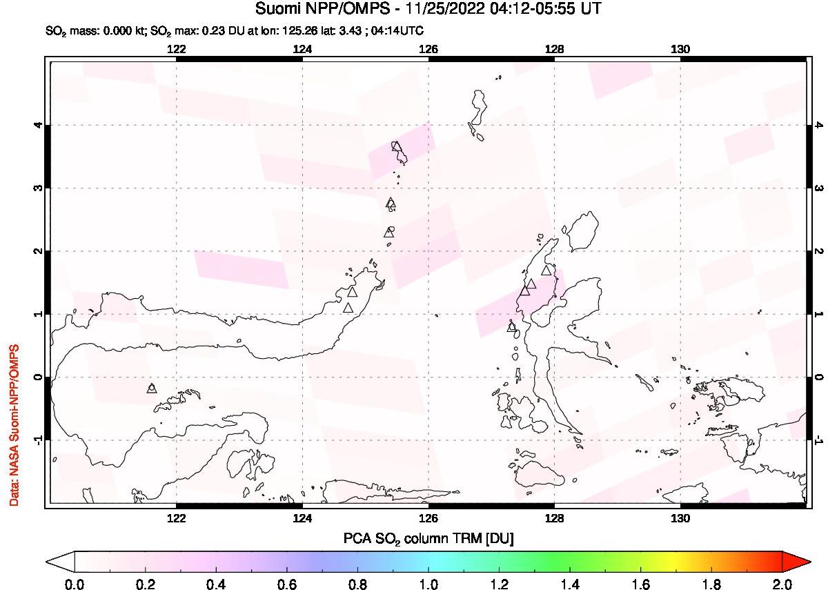A sulfur dioxide image over Northern Sulawesi & Halmahera, Indonesia on Nov 25, 2022.