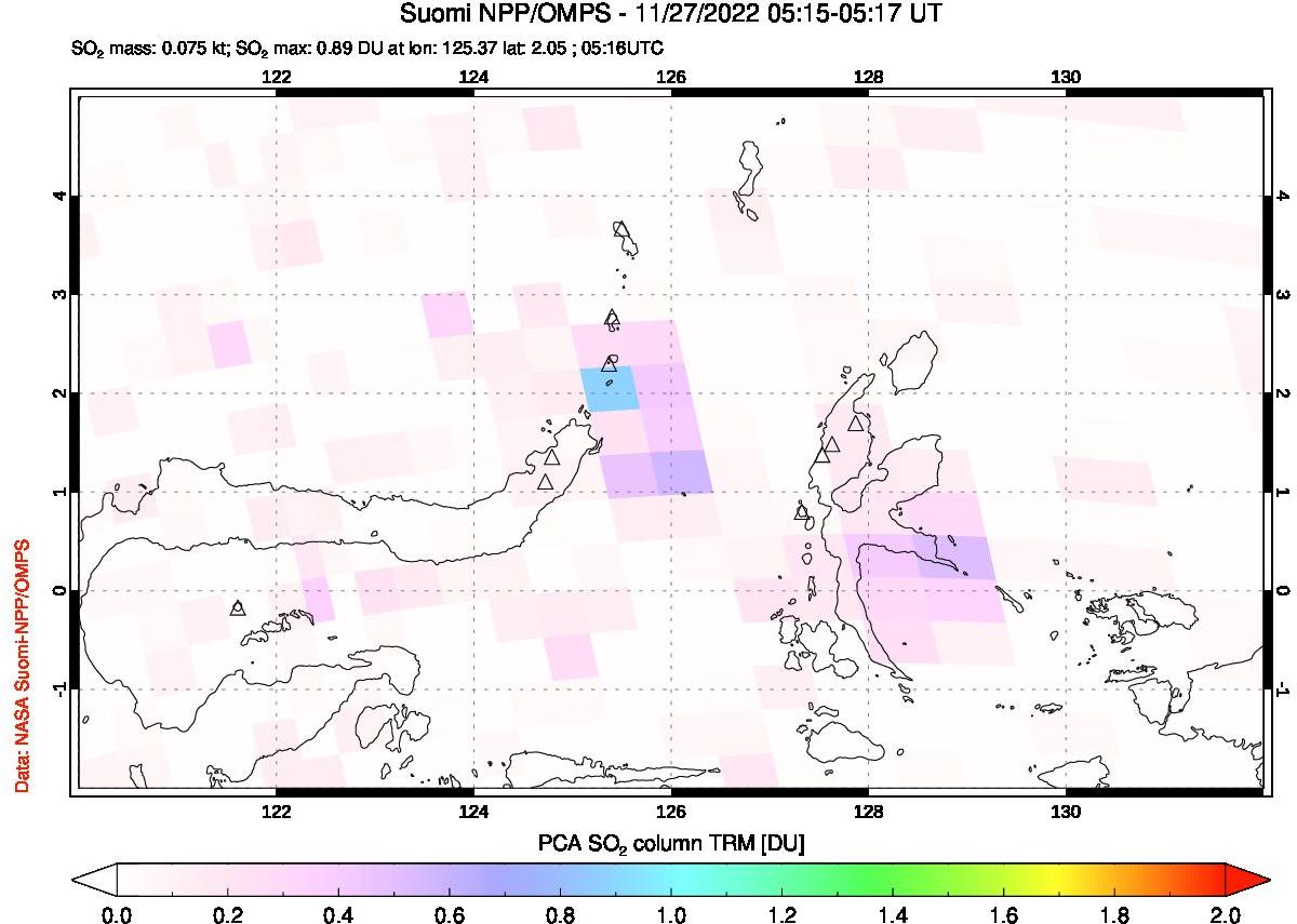 A sulfur dioxide image over Northern Sulawesi & Halmahera, Indonesia on Nov 27, 2022.