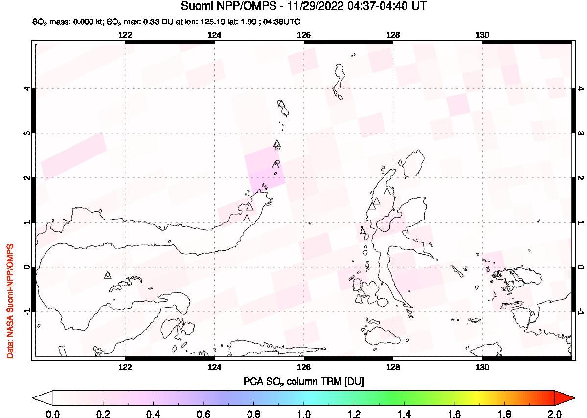 A sulfur dioxide image over Northern Sulawesi & Halmahera, Indonesia on Nov 29, 2022.