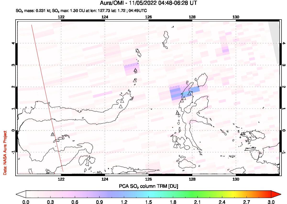 A sulfur dioxide image over Northern Sulawesi & Halmahera, Indonesia on Nov 05, 2022.