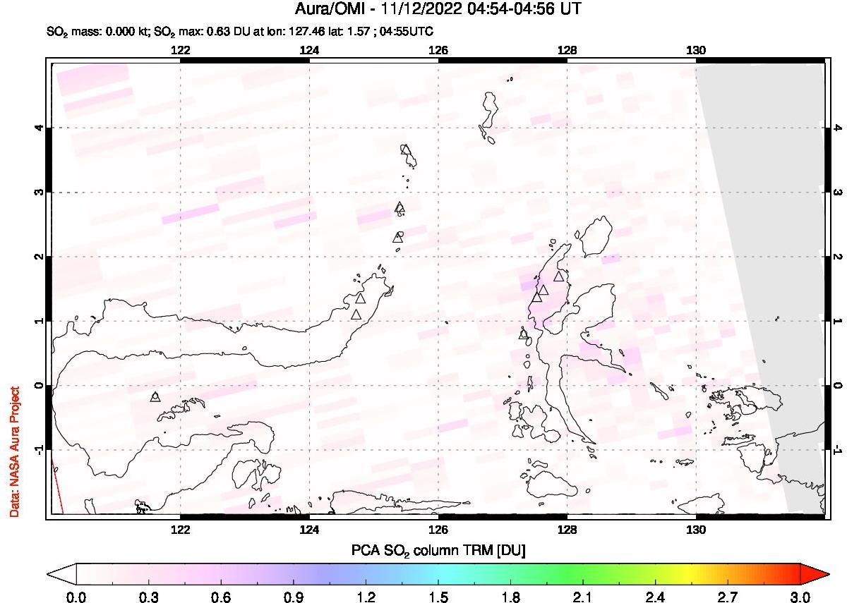 A sulfur dioxide image over Northern Sulawesi & Halmahera, Indonesia on Nov 12, 2022.