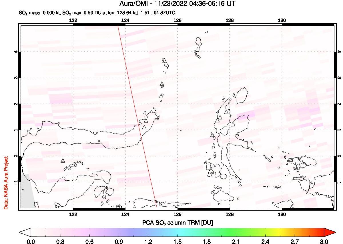 A sulfur dioxide image over Northern Sulawesi & Halmahera, Indonesia on Nov 23, 2022.