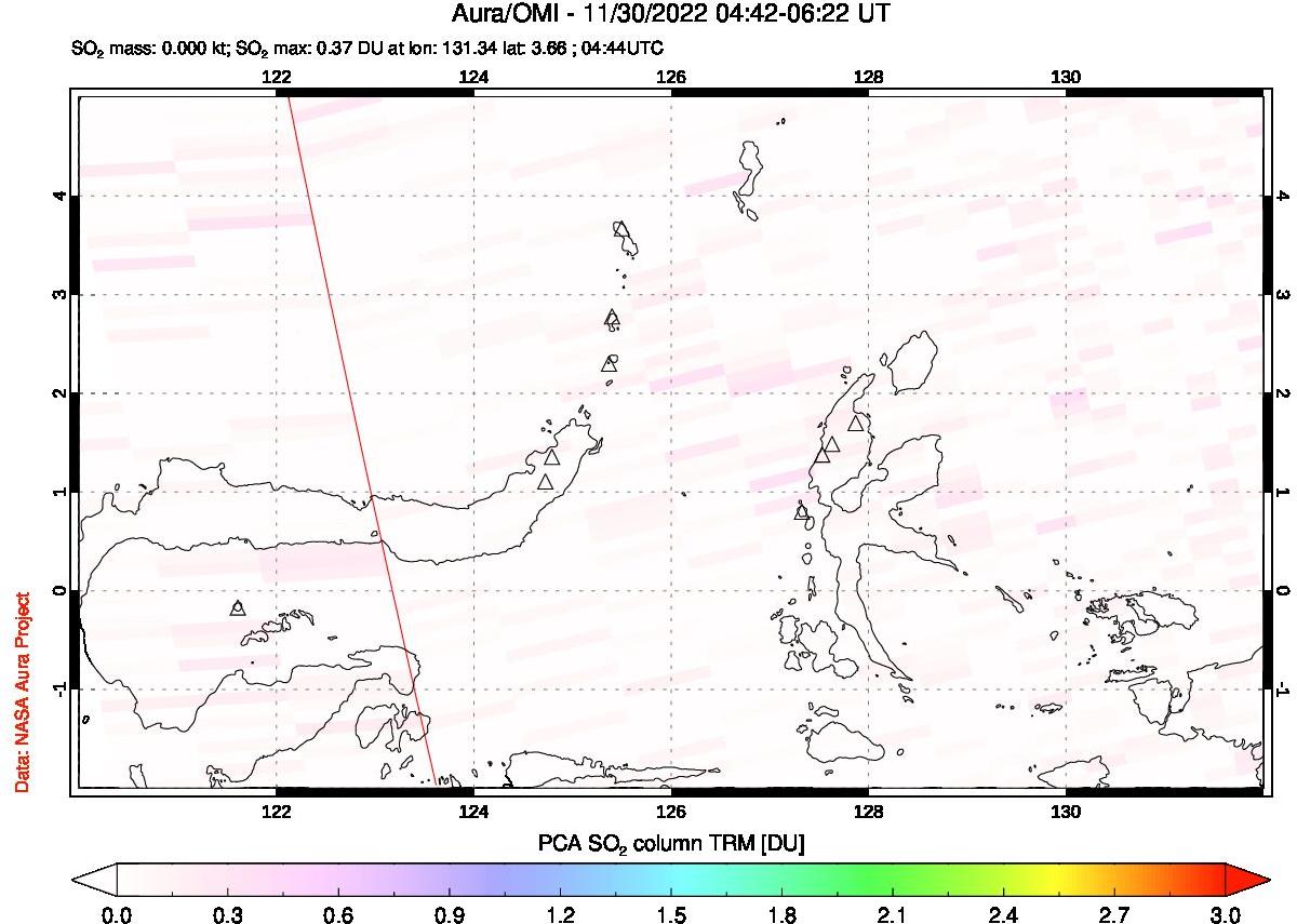 A sulfur dioxide image over Northern Sulawesi & Halmahera, Indonesia on Nov 30, 2022.