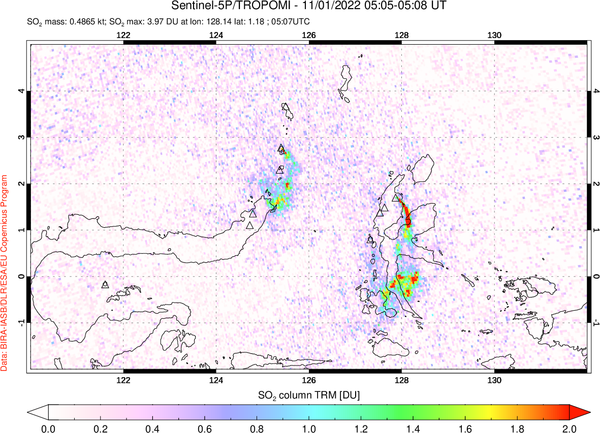 A sulfur dioxide image over Northern Sulawesi & Halmahera, Indonesia on Nov 01, 2022.