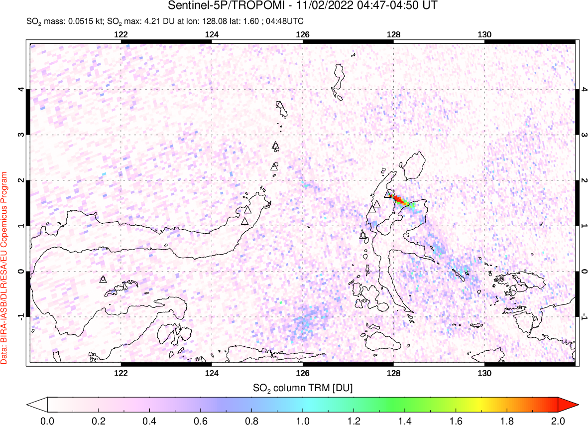 A sulfur dioxide image over Northern Sulawesi & Halmahera, Indonesia on Nov 02, 2022.