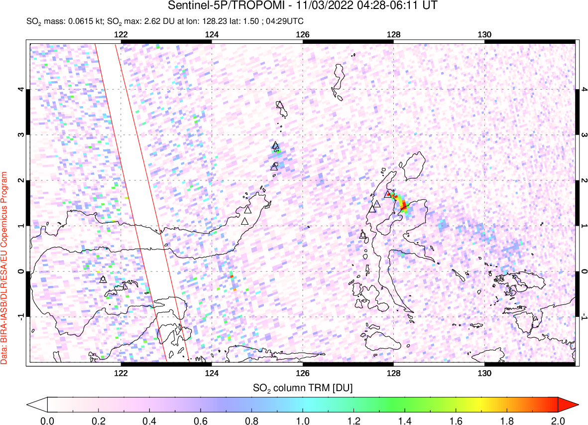 A sulfur dioxide image over Northern Sulawesi & Halmahera, Indonesia on Nov 03, 2022.