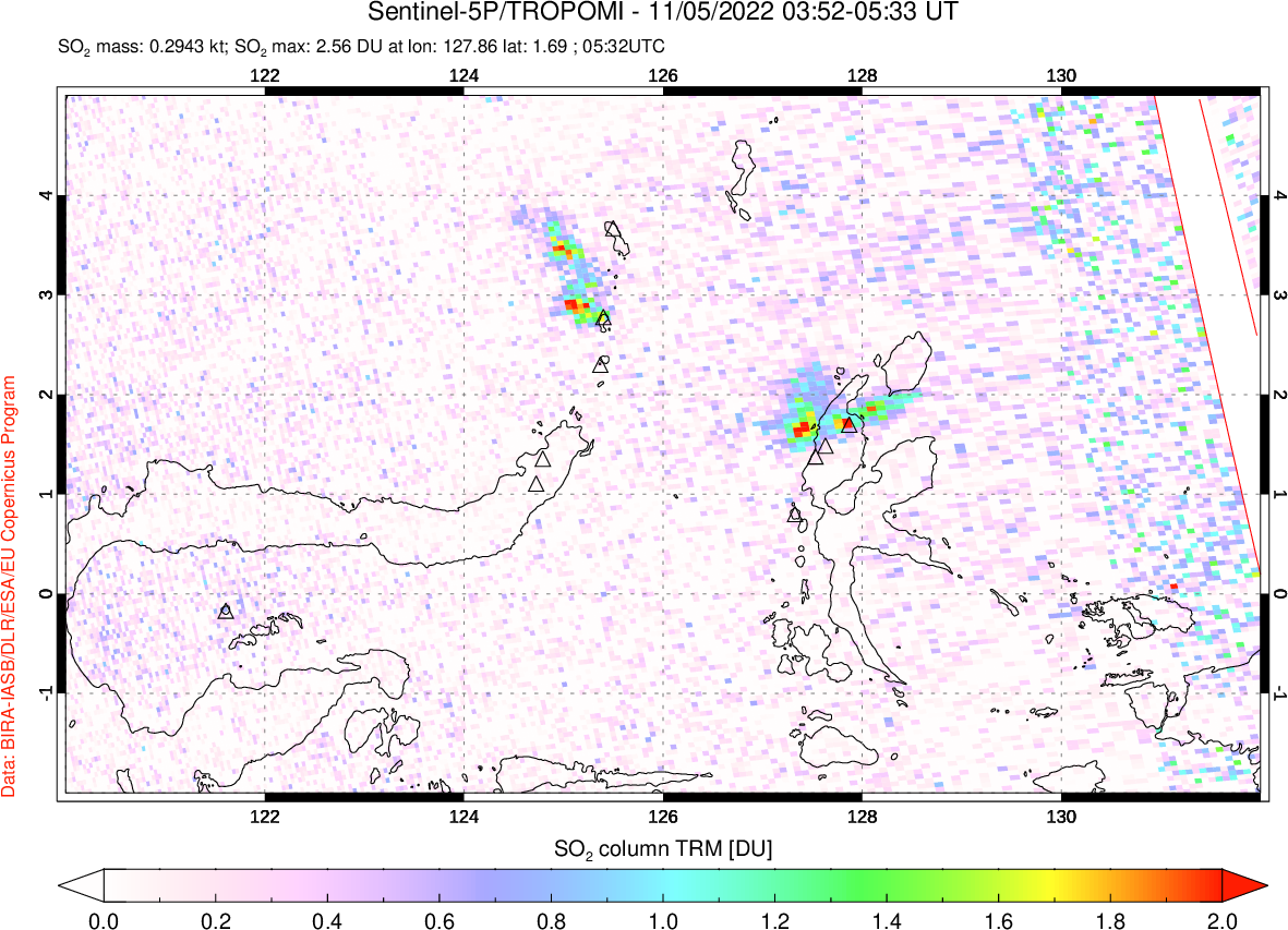 A sulfur dioxide image over Northern Sulawesi & Halmahera, Indonesia on Nov 05, 2022.