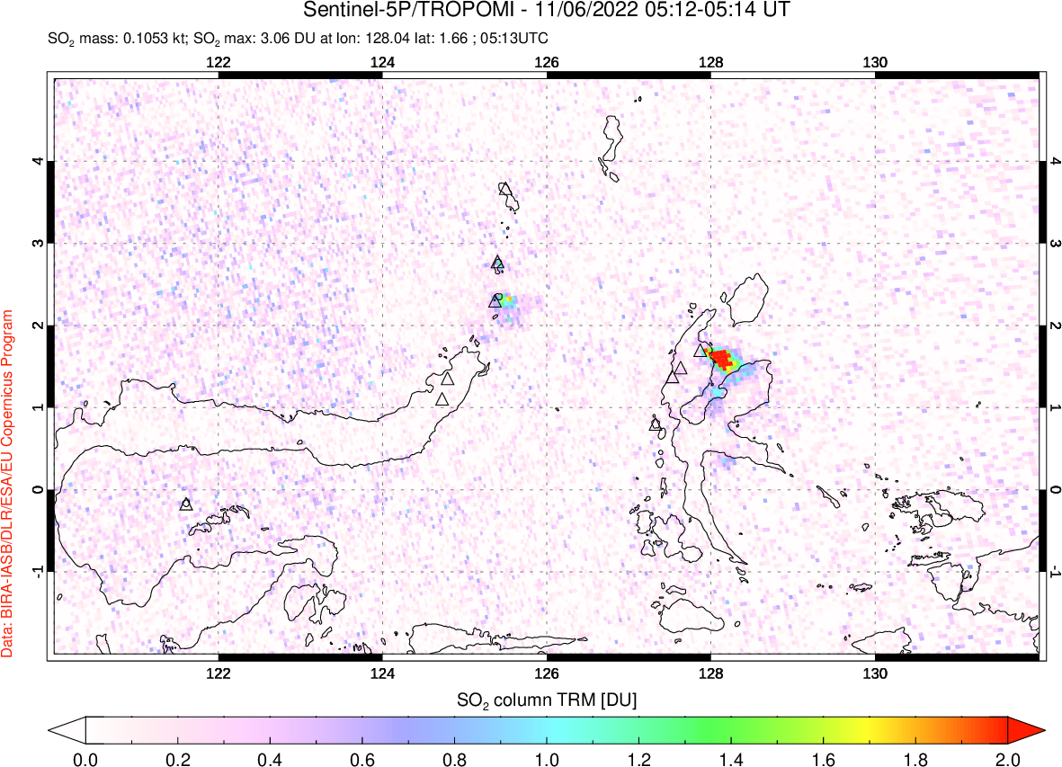 A sulfur dioxide image over Northern Sulawesi & Halmahera, Indonesia on Nov 06, 2022.