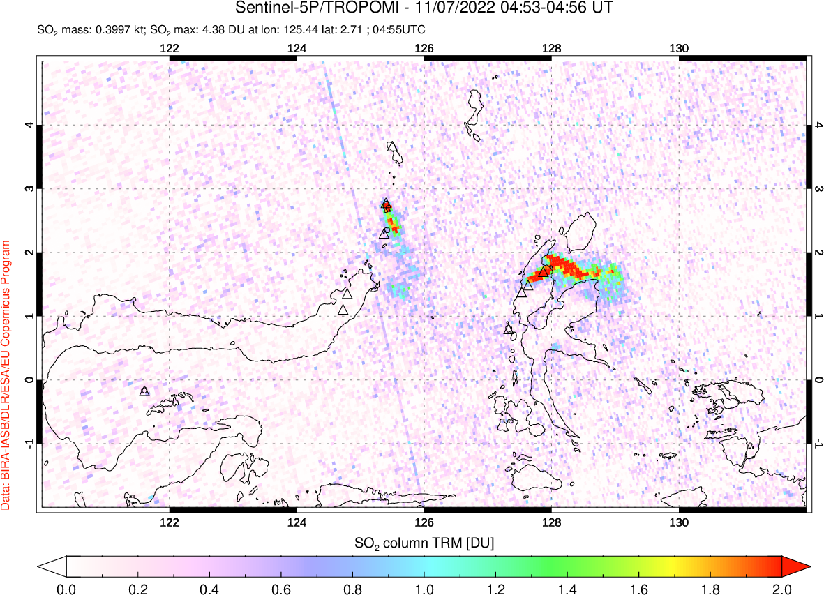 A sulfur dioxide image over Northern Sulawesi & Halmahera, Indonesia on Nov 07, 2022.