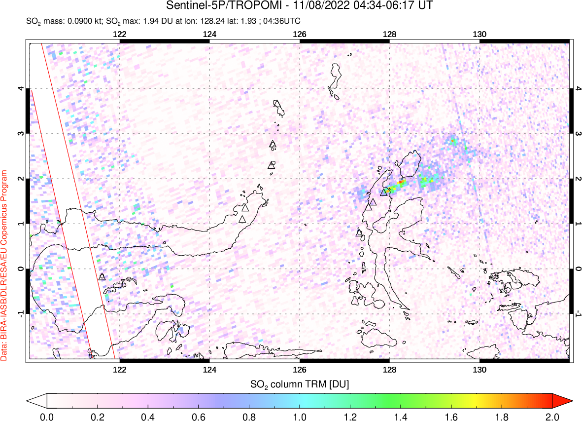 A sulfur dioxide image over Northern Sulawesi & Halmahera, Indonesia on Nov 08, 2022.