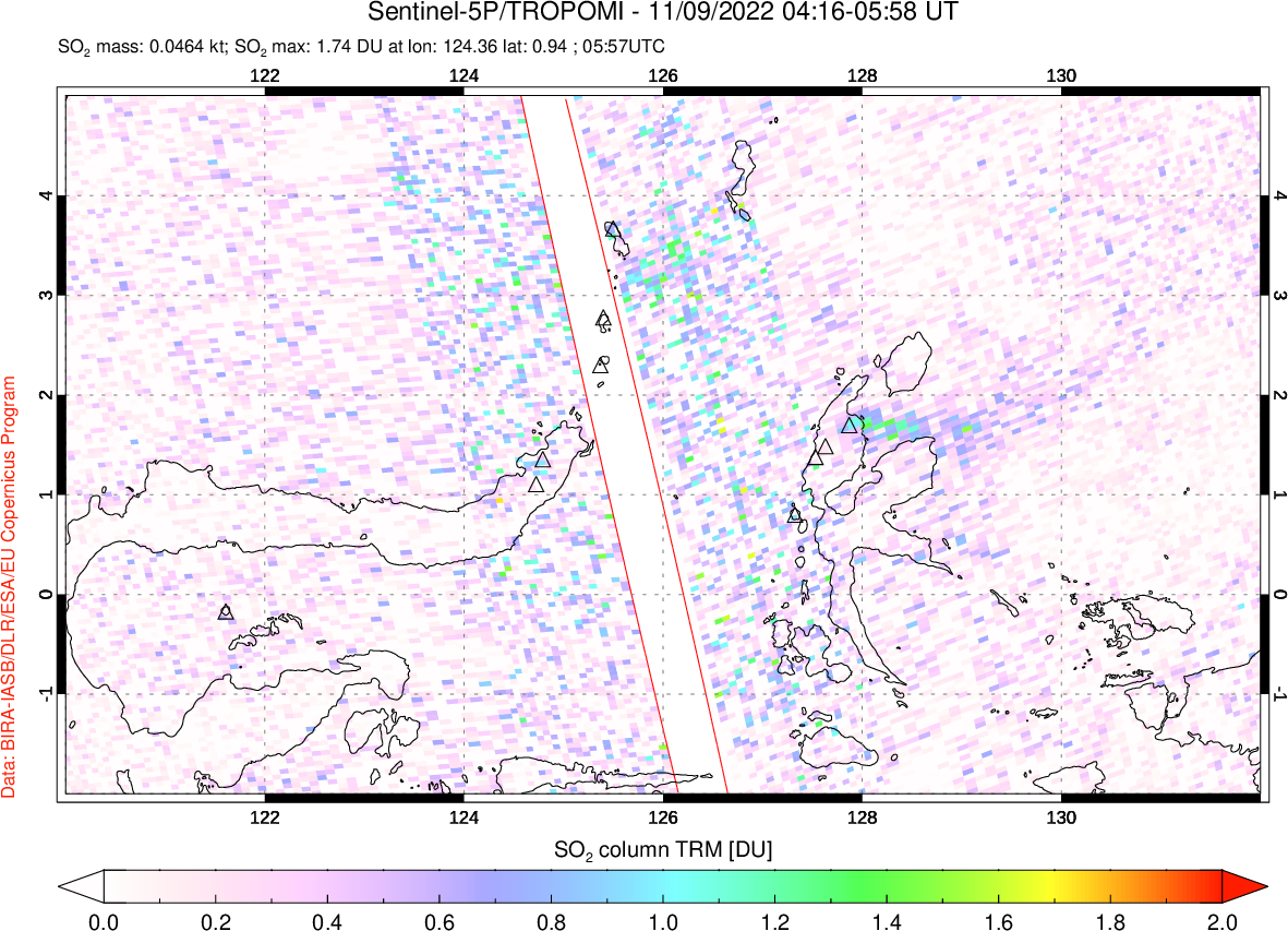 A sulfur dioxide image over Northern Sulawesi & Halmahera, Indonesia on Nov 09, 2022.
