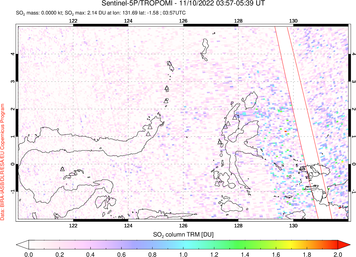 A sulfur dioxide image over Northern Sulawesi & Halmahera, Indonesia on Nov 10, 2022.