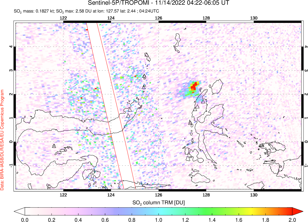 A sulfur dioxide image over Northern Sulawesi & Halmahera, Indonesia on Nov 14, 2022.