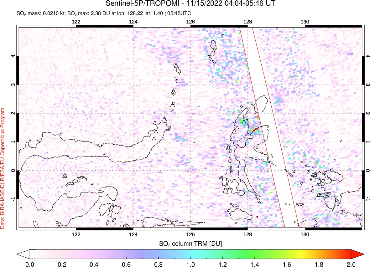 A sulfur dioxide image over Northern Sulawesi & Halmahera, Indonesia on Nov 15, 2022.