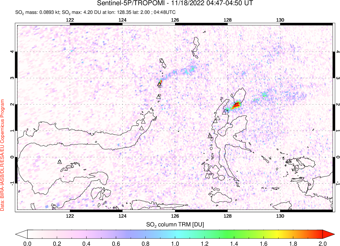 A sulfur dioxide image over Northern Sulawesi & Halmahera, Indonesia on Nov 18, 2022.