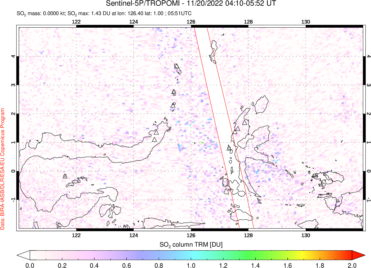 A sulfur dioxide image over Northern Sulawesi & Halmahera, Indonesia on Nov 20, 2022.