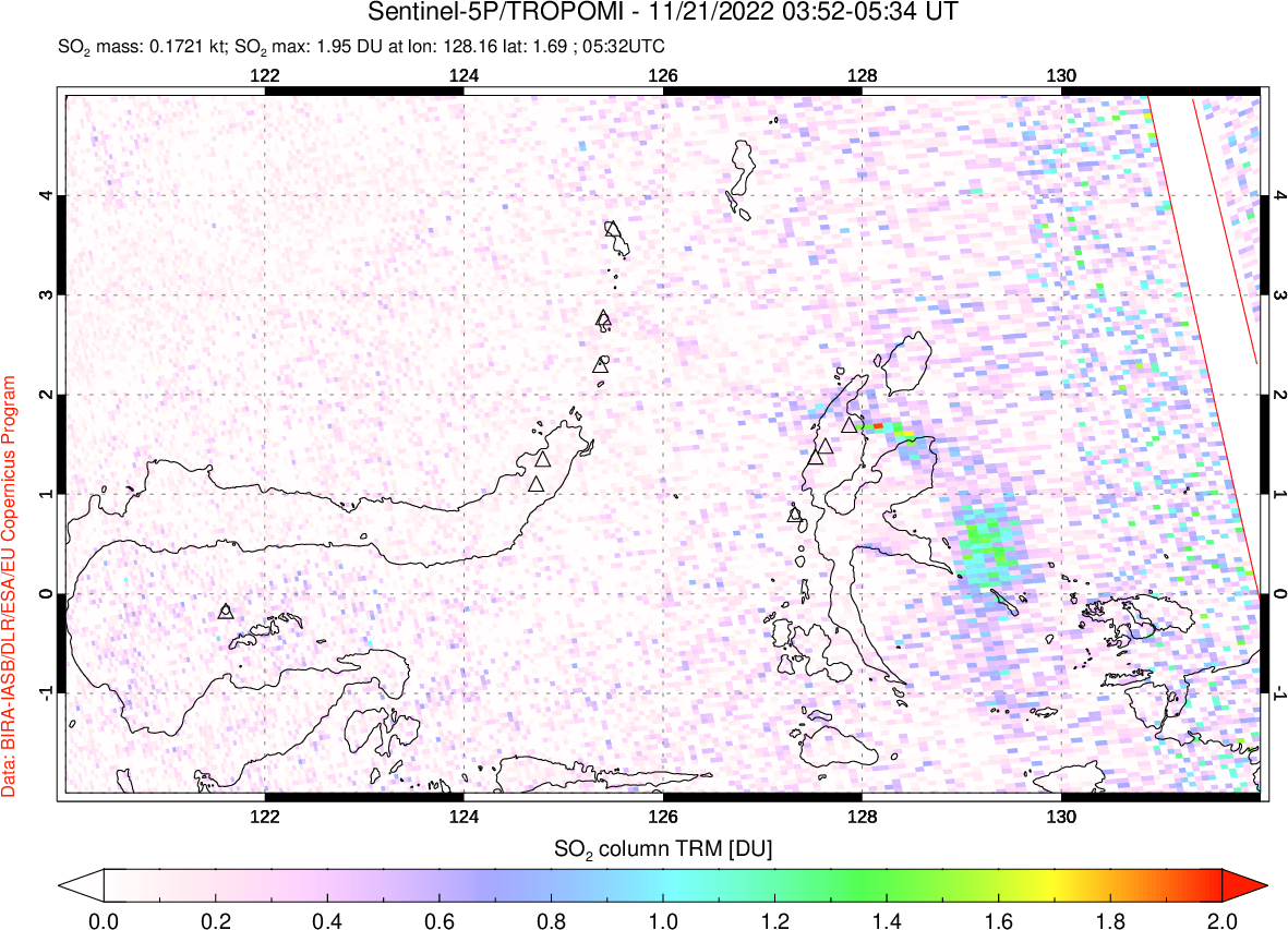 A sulfur dioxide image over Northern Sulawesi & Halmahera, Indonesia on Nov 21, 2022.
