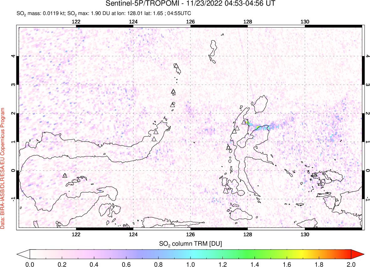 A sulfur dioxide image over Northern Sulawesi & Halmahera, Indonesia on Nov 23, 2022.