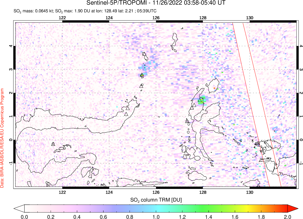 A sulfur dioxide image over Northern Sulawesi & Halmahera, Indonesia on Nov 26, 2022.