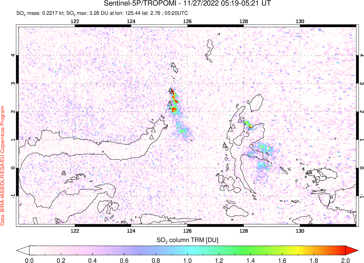 A sulfur dioxide image over Northern Sulawesi & Halmahera, Indonesia on Nov 27, 2022.