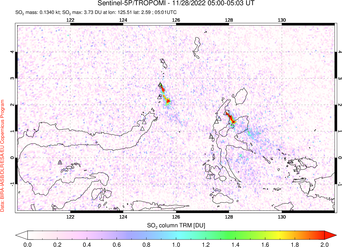 A sulfur dioxide image over Northern Sulawesi & Halmahera, Indonesia on Nov 28, 2022.