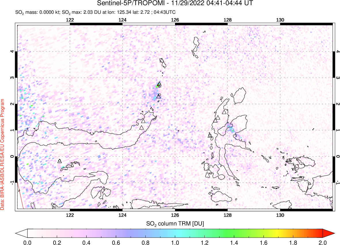 A sulfur dioxide image over Northern Sulawesi & Halmahera, Indonesia on Nov 29, 2022.