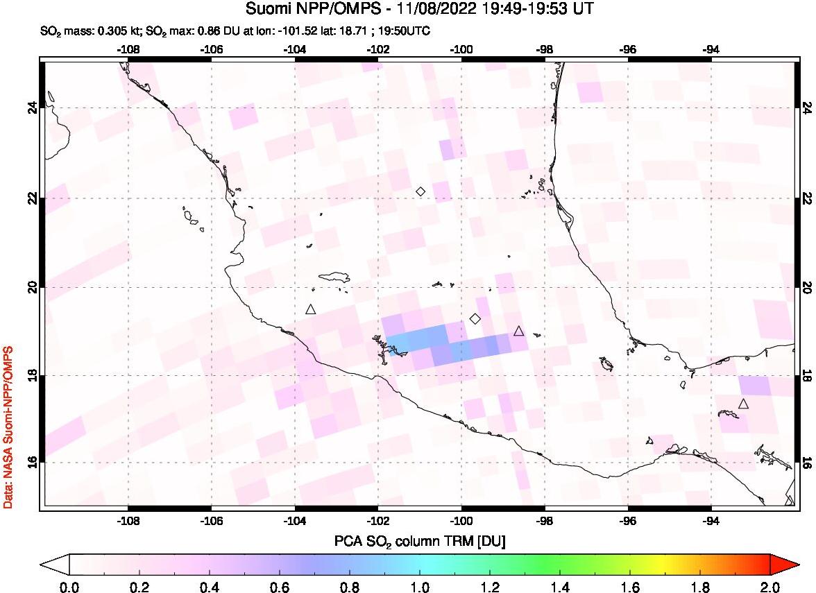 A sulfur dioxide image over Mexico on Nov 08, 2022.