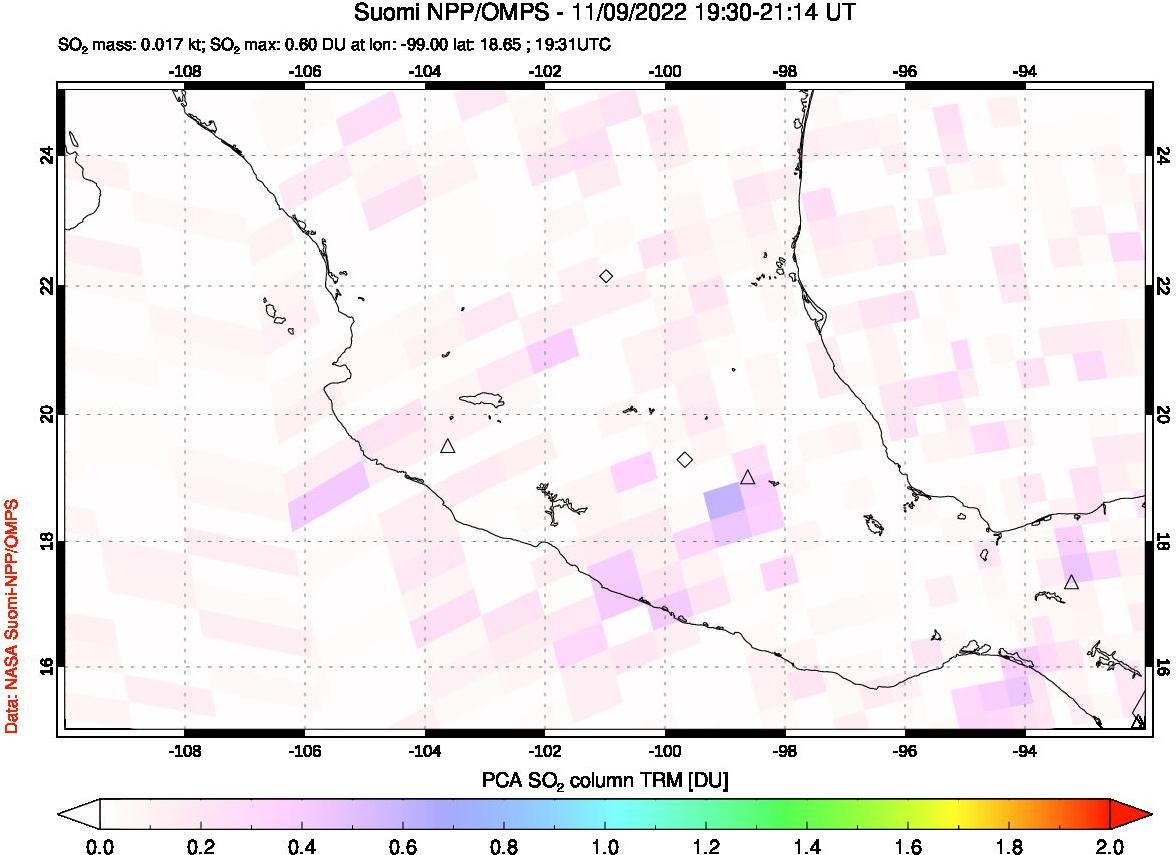 A sulfur dioxide image over Mexico on Nov 09, 2022.