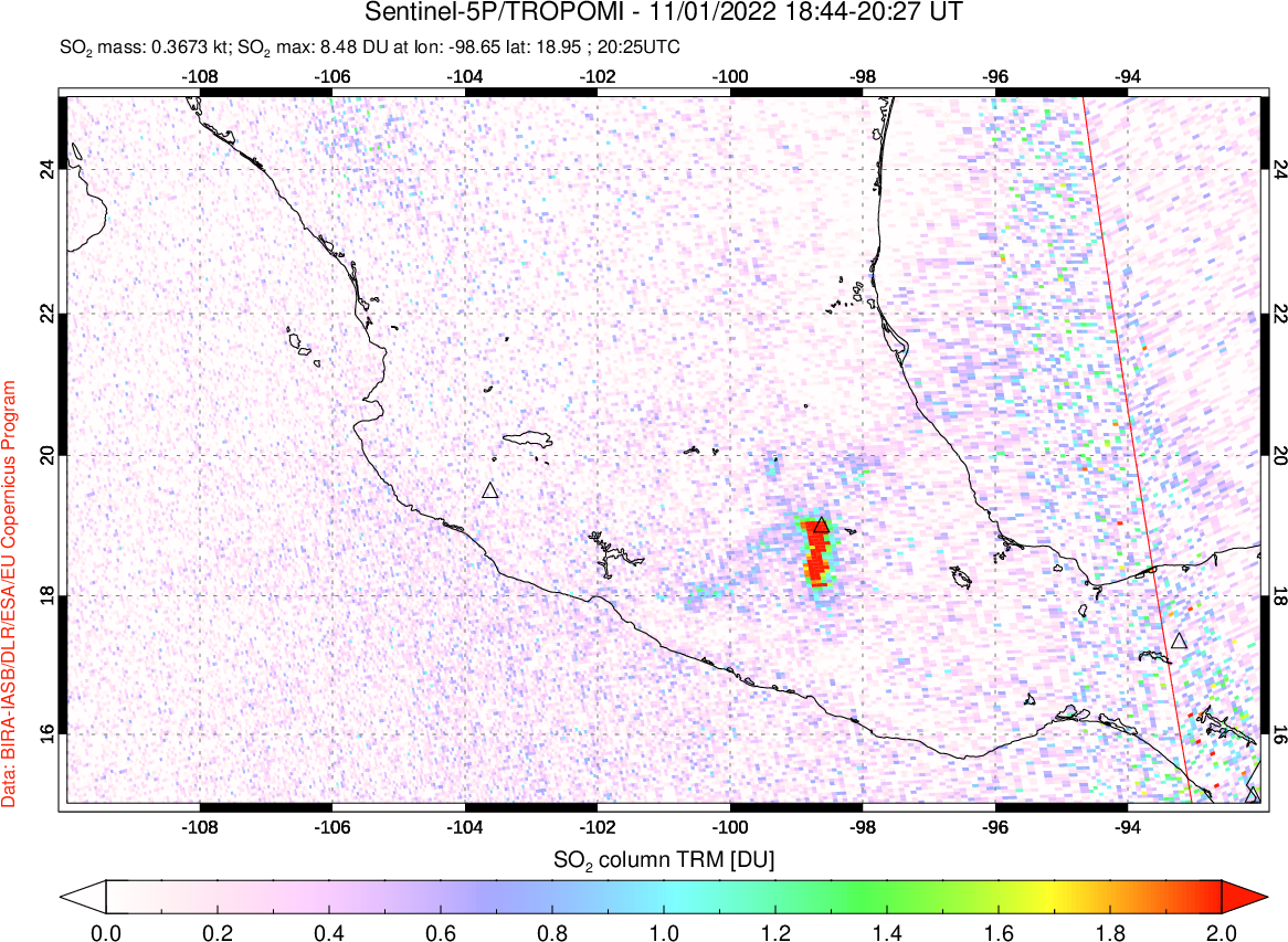 A sulfur dioxide image over Mexico on Nov 01, 2022.