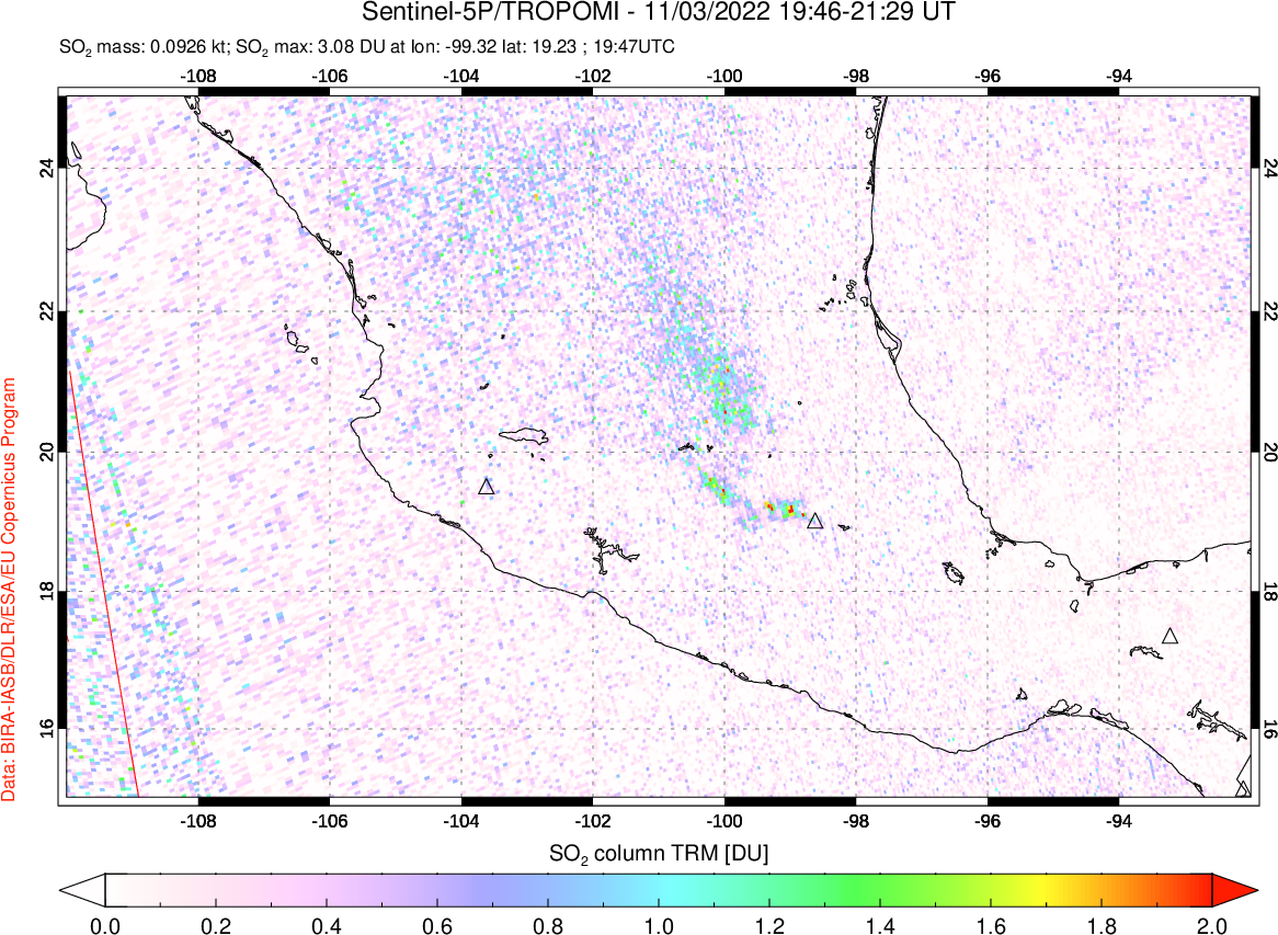 A sulfur dioxide image over Mexico on Nov 03, 2022.