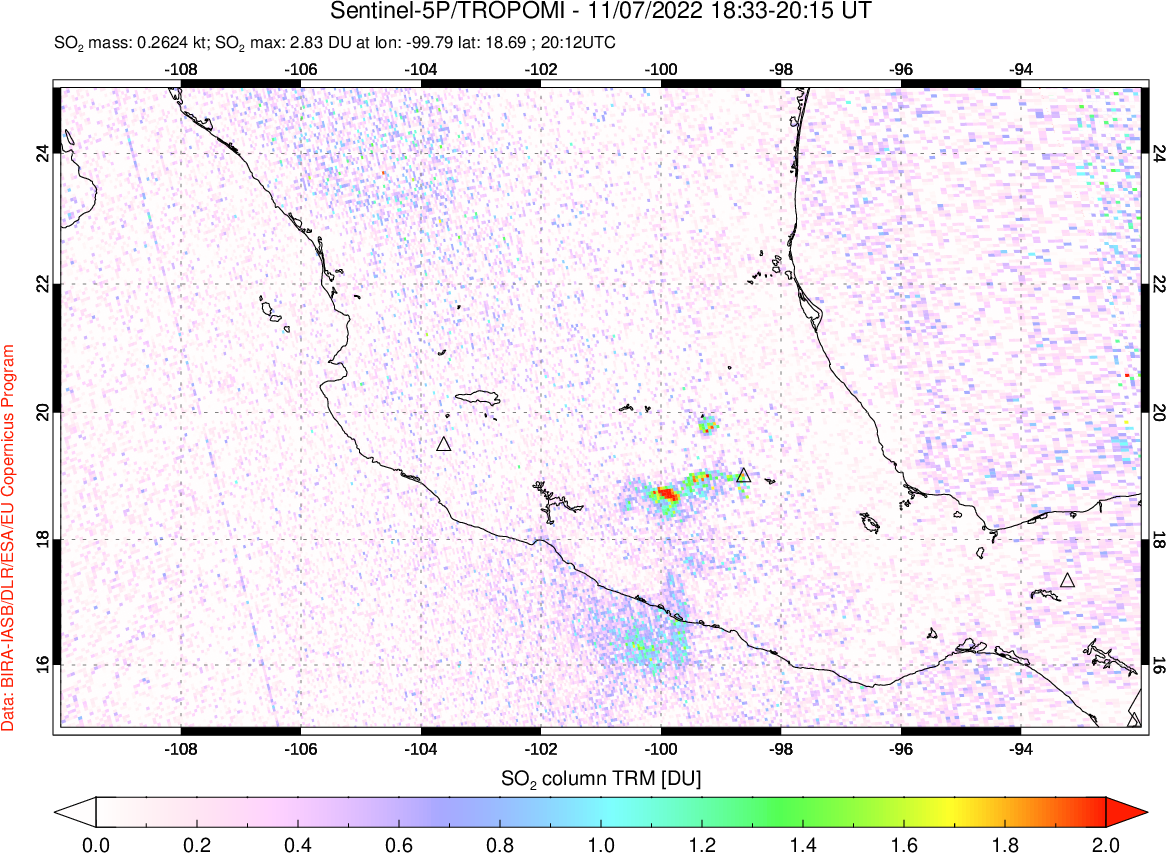 A sulfur dioxide image over Mexico on Nov 07, 2022.