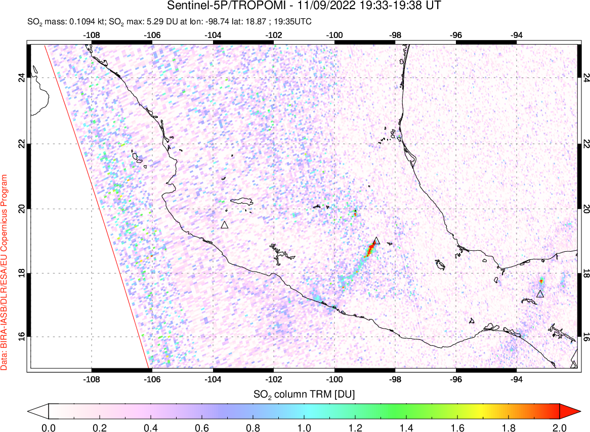 A sulfur dioxide image over Mexico on Nov 09, 2022.